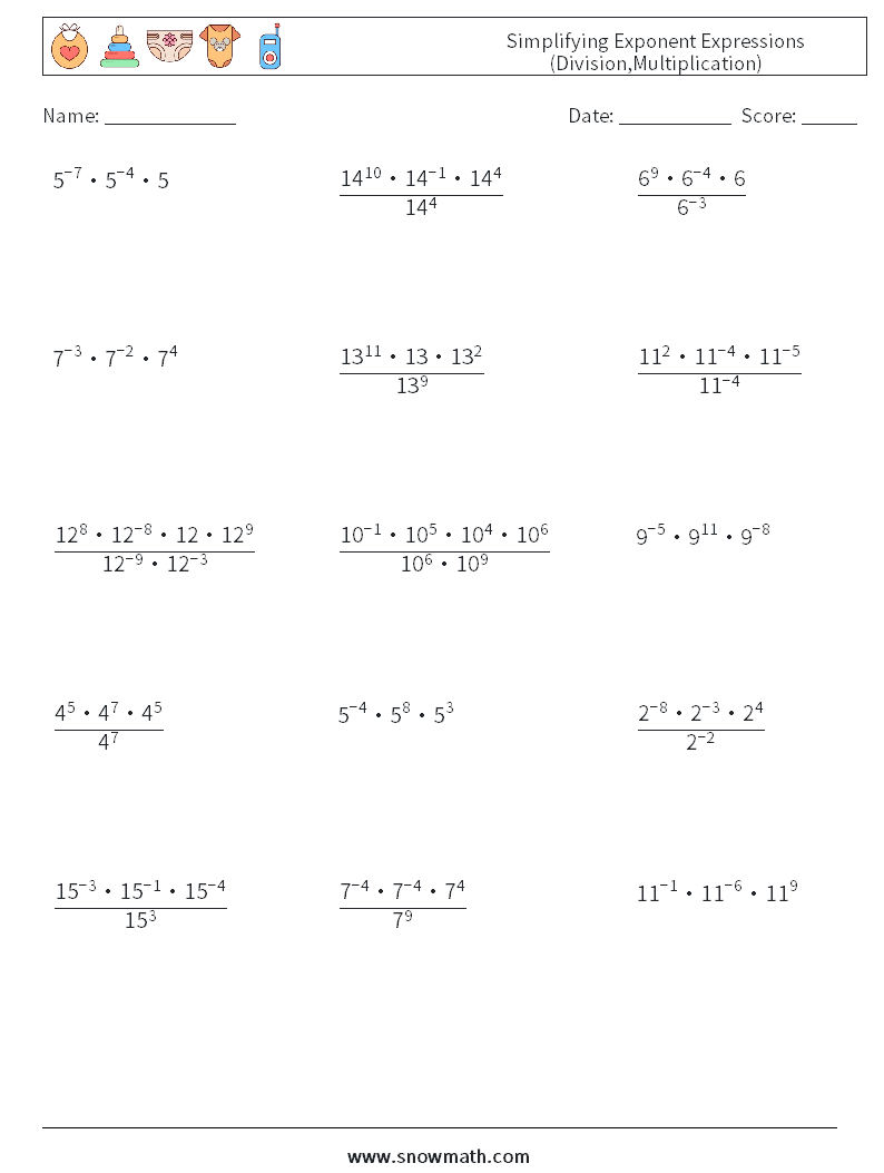 Simplifying Exponent Expressions (Division,Multiplication) Math Worksheets 2
