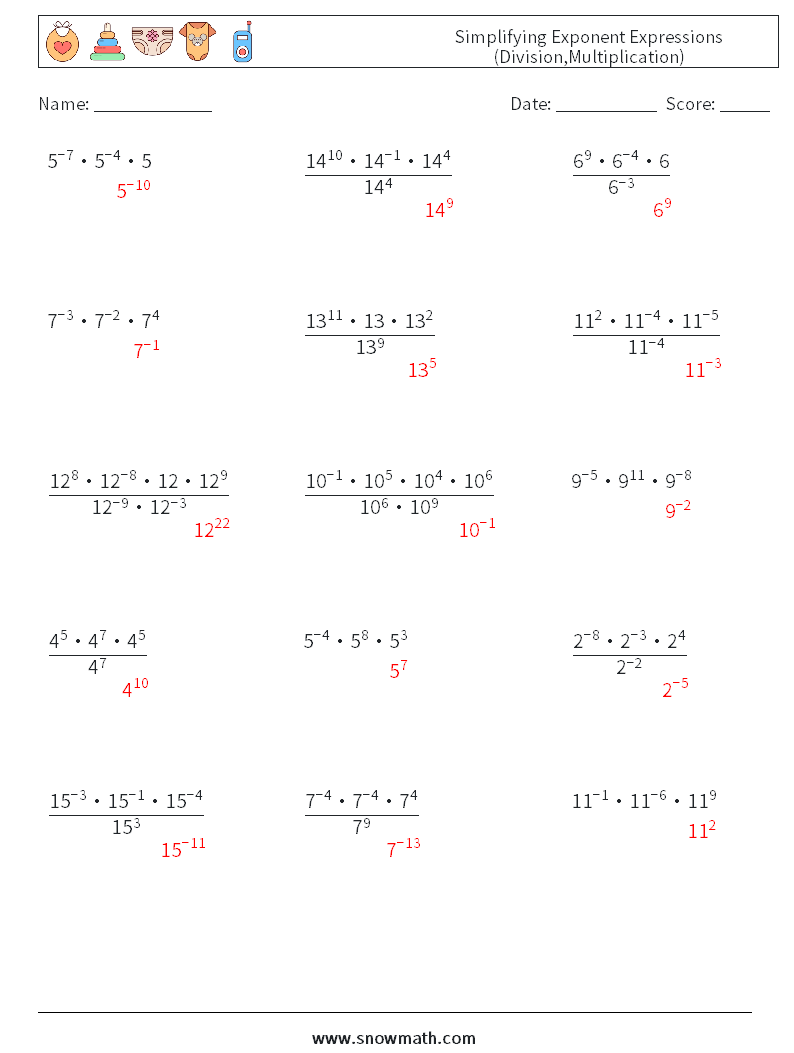 Simplifying Exponent Expressions (Division,Multiplication) Math Worksheets 2 Question, Answer