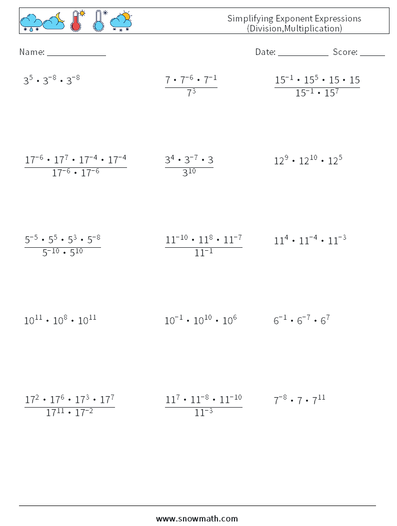 Simplifying Exponent Expressions (Division,Multiplication) Math Worksheets 3