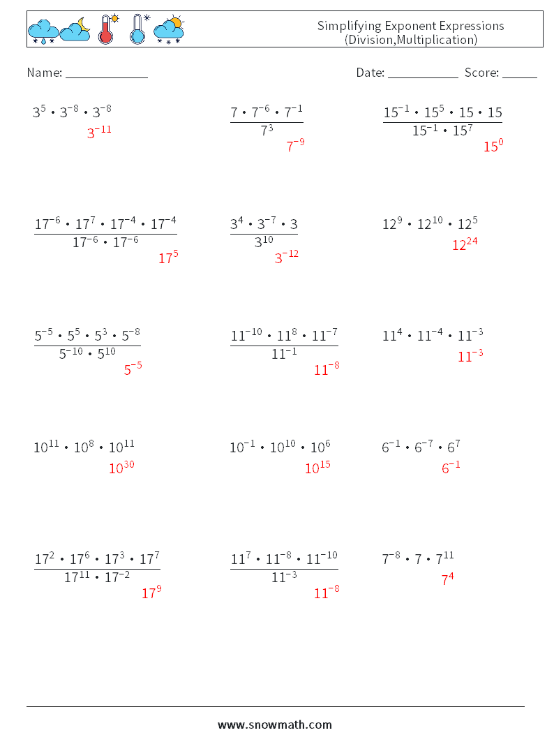 Simplifying Exponent Expressions (Division,Multiplication) Math Worksheets 3 Question, Answer