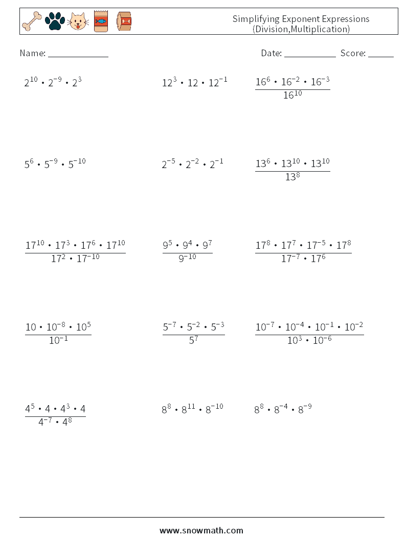 Simplifying Exponent Expressions (Division,Multiplication) Math Worksheets 4