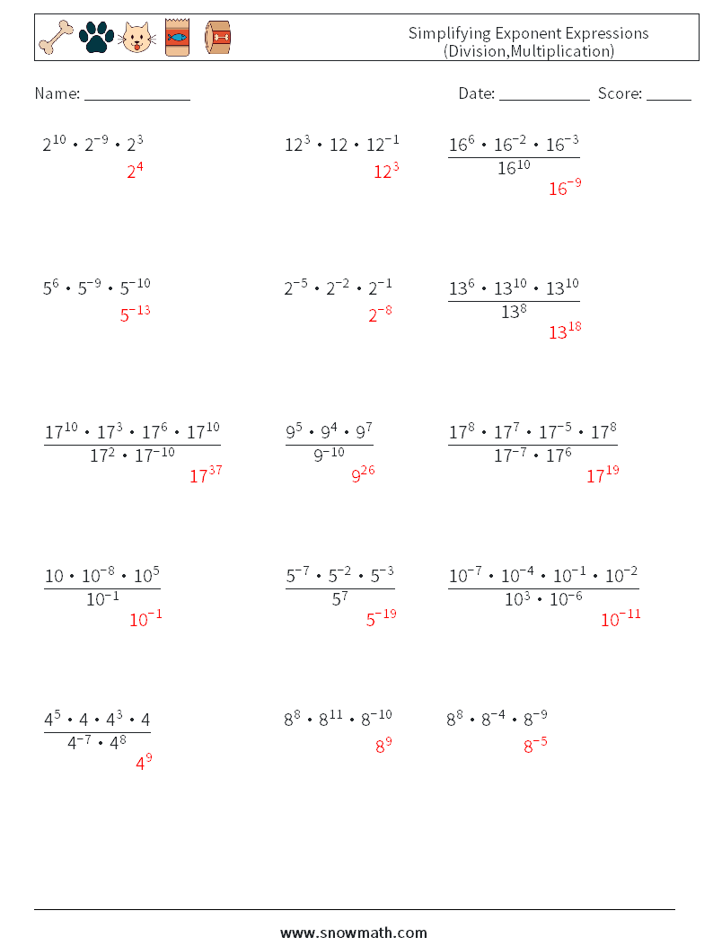 Simplifying Exponent Expressions (Division,Multiplication) Math Worksheets 4 Question, Answer