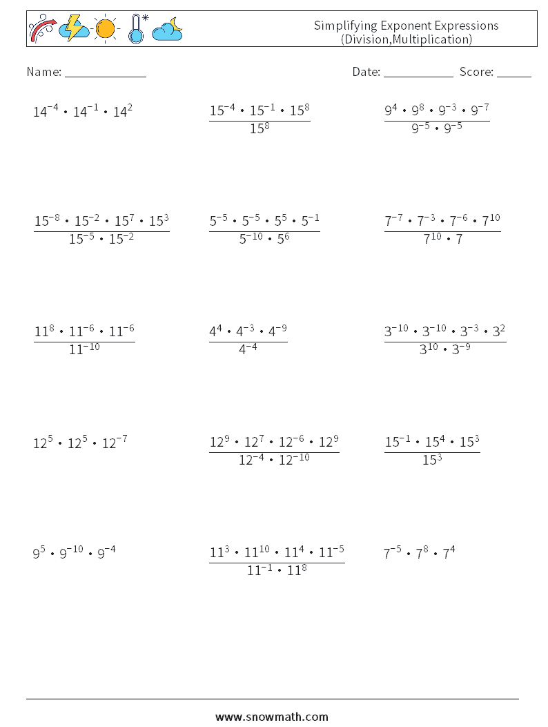 Simplifying Exponent Expressions (Division,Multiplication) Maths Worksheets 5