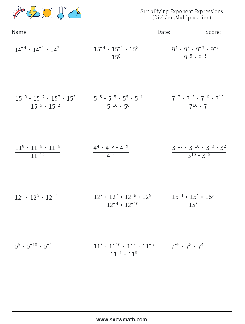 Simplifying Exponent Expressions (Division,Multiplication) Math Worksheets 5