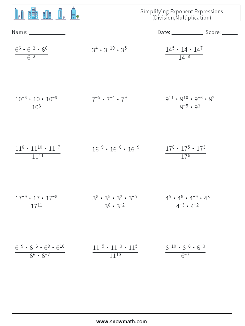 Simplifying Exponent Expressions (Division,Multiplication) Math Worksheets 6