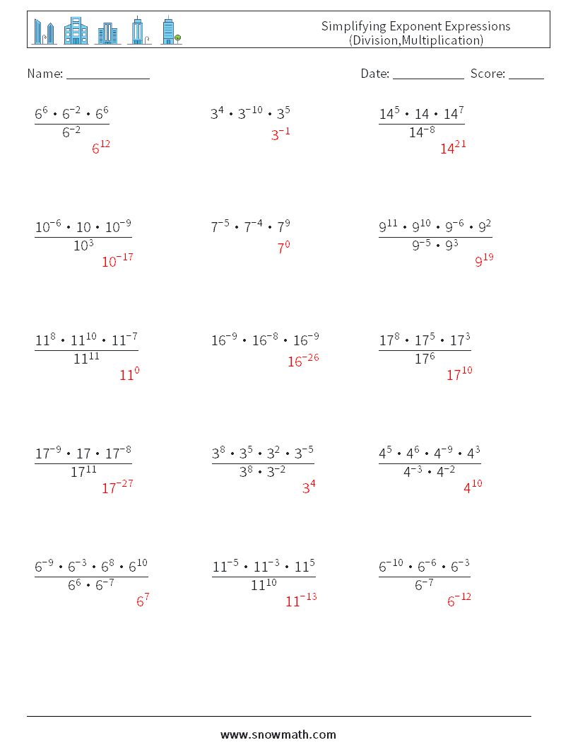 Simplifying Exponent Expressions (Division,Multiplication) Math Worksheets 6 Question, Answer