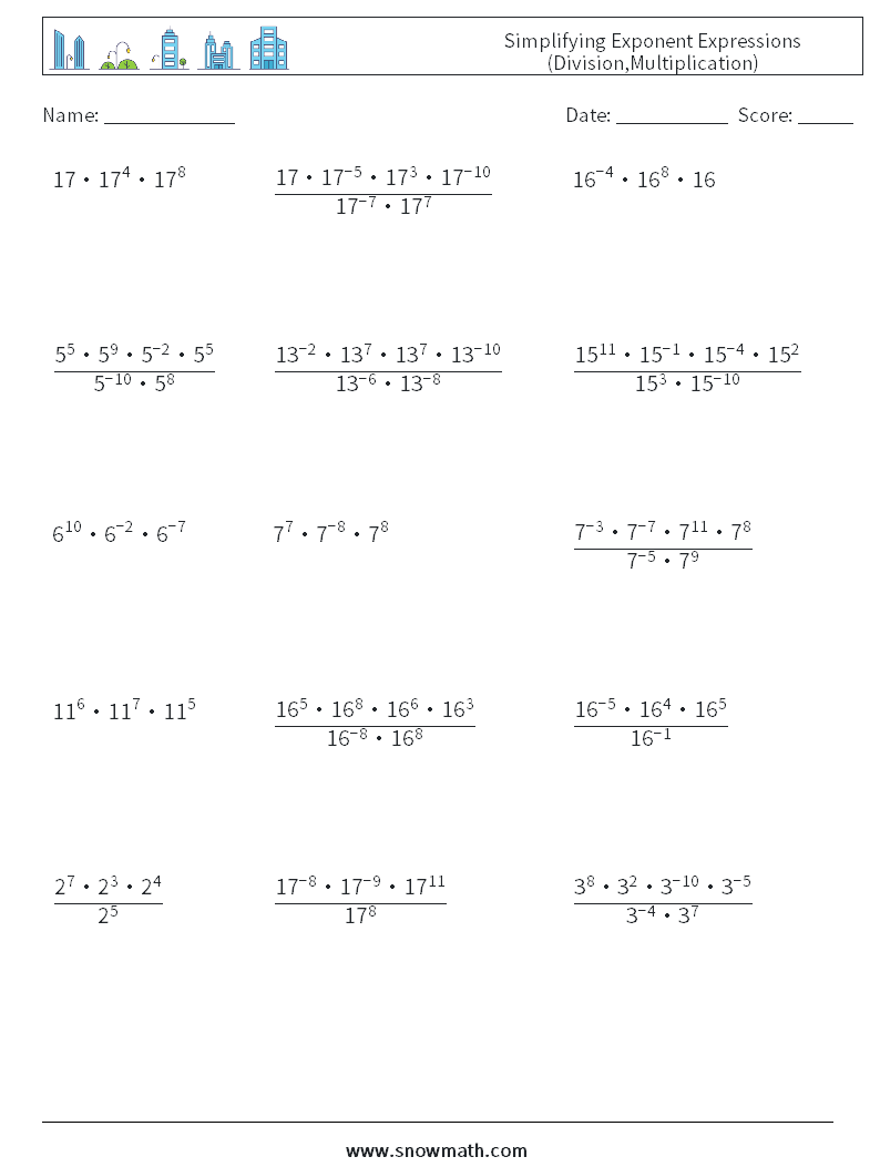 Simplifying Exponent Expressions (Division,Multiplication) Maths Worksheets 7