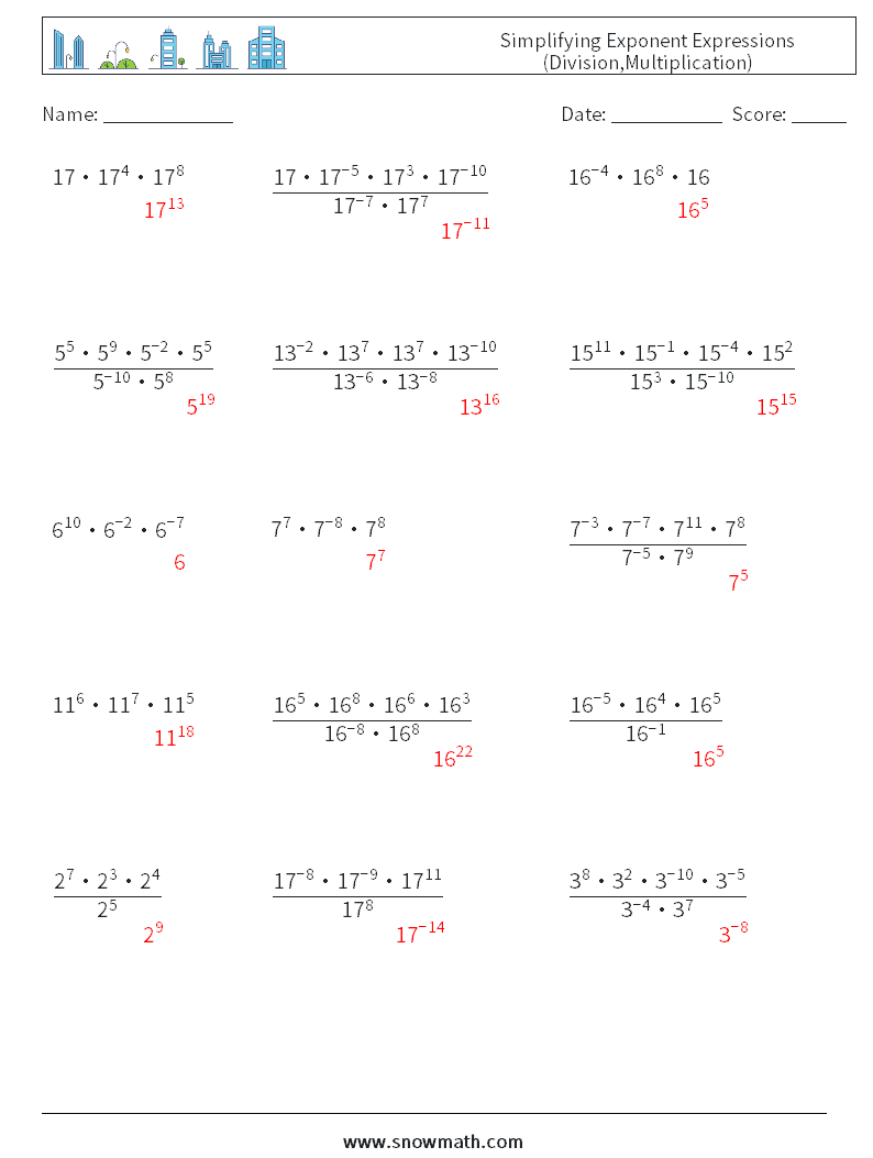 Simplifying Exponent Expressions (Division,Multiplication) Math Worksheets 7 Question, Answer