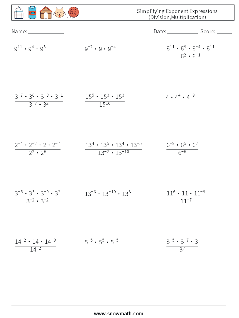 Simplifying Exponent Expressions (Division,Multiplication) Math Worksheets 8