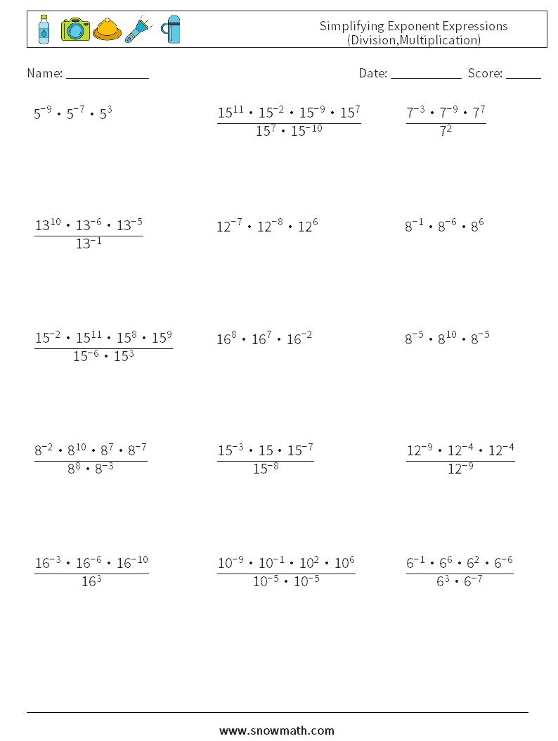 Simplifying Exponent Expressions (Division,Multiplication) Math Worksheets 9