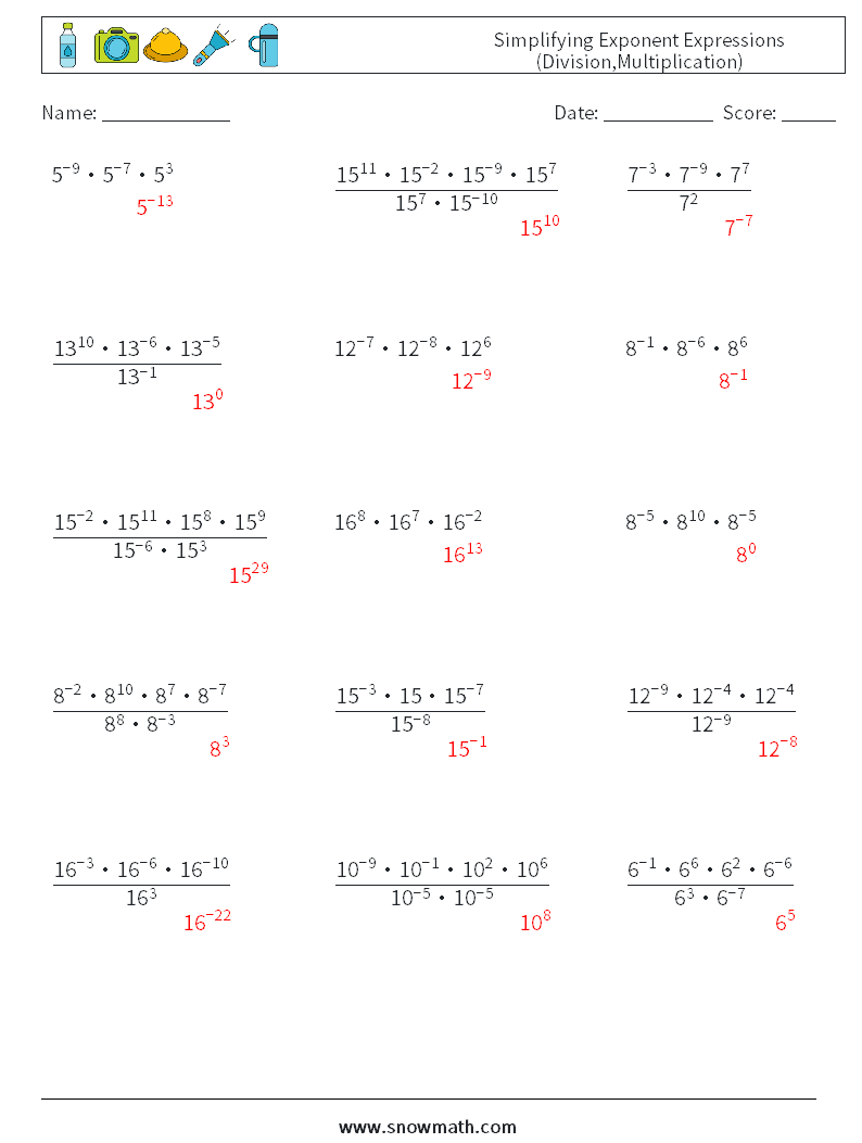 Simplifying Exponent Expressions (Division,Multiplication) Math Worksheets 9 Question, Answer