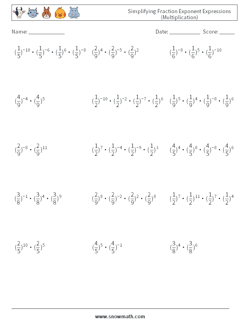 Simplifying Fraction Exponent Expressions (Multiplication) Maths Worksheets 1