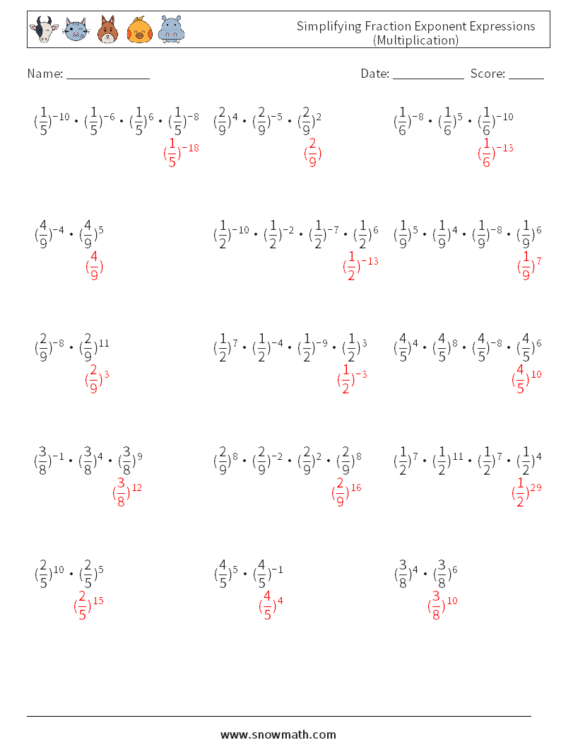 Simplifying Fraction Exponent Expressions (Multiplication) Math Worksheets 1 Question, Answer