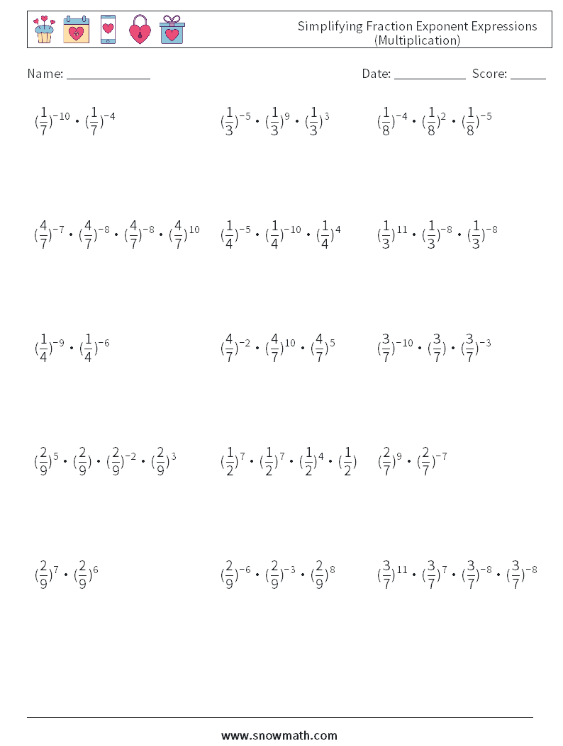 Simplifying Fraction Exponent Expressions (Multiplication) Math Worksheets 2