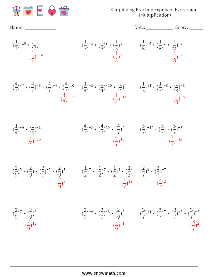 Simplifying Fraction Exponent Expressions (Multiplication) Math Worksheets 2 Question, Answer