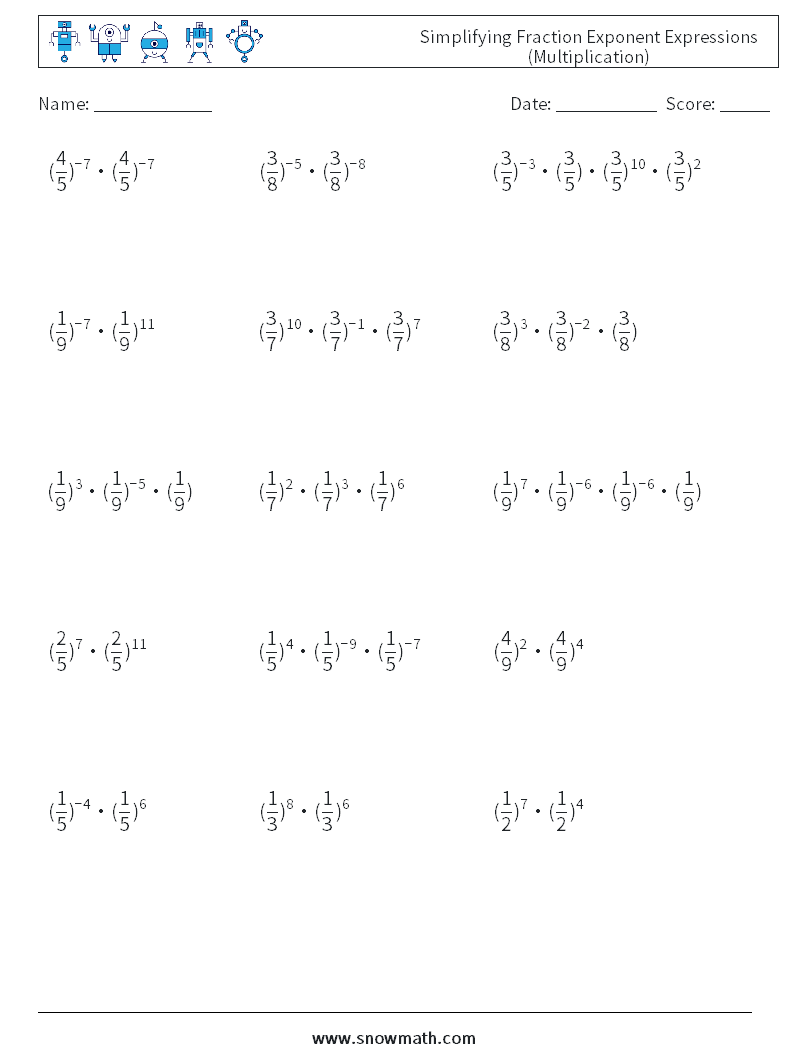 Simplifying Fraction Exponent Expressions (Multiplication) Maths Worksheets 3