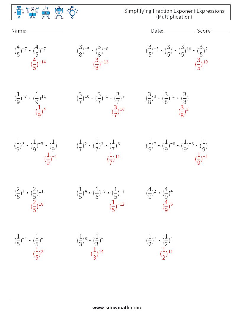 Simplifying Fraction Exponent Expressions (Multiplication) Math Worksheets 3 Question, Answer