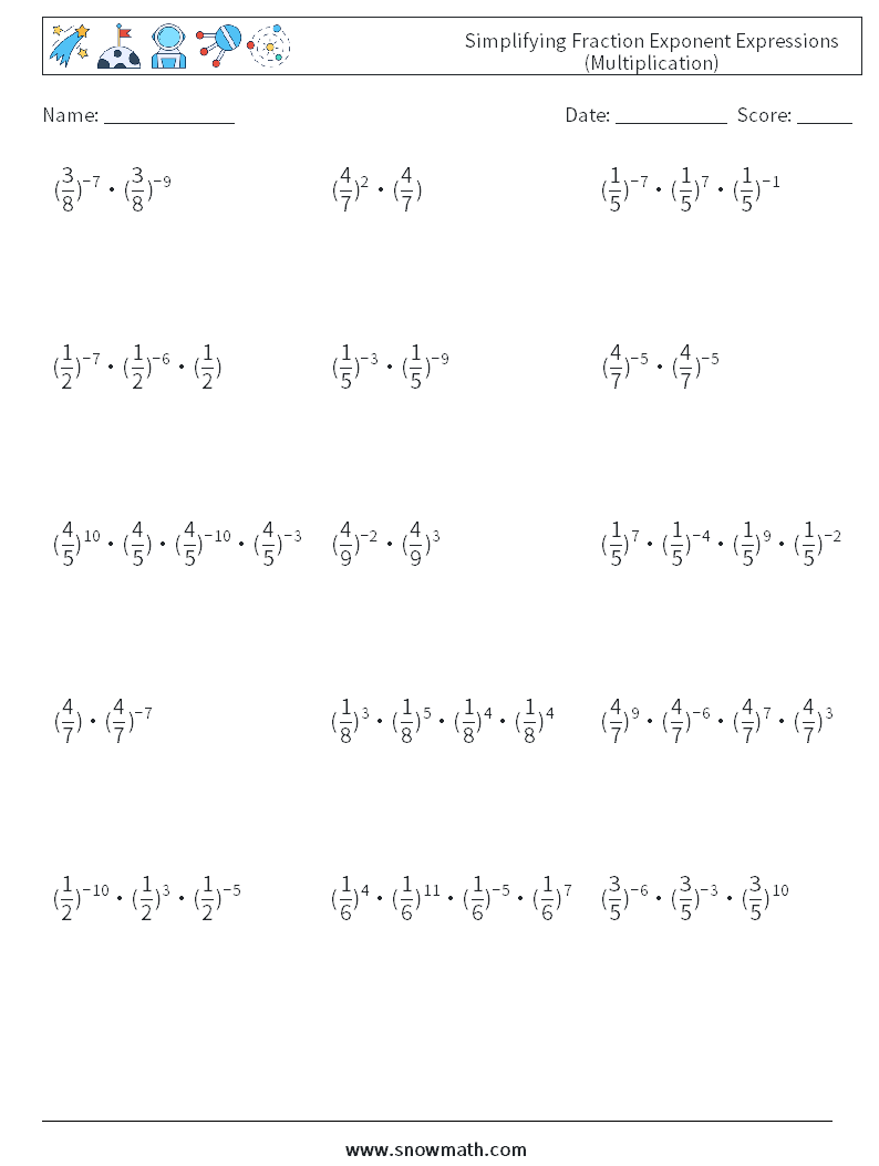 Simplifying Fraction Exponent Expressions (Multiplication) Math Worksheets 4