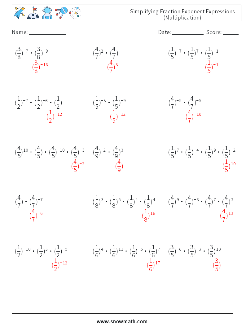 Simplifying Fraction Exponent Expressions (Multiplication) Math Worksheets 4 Question, Answer