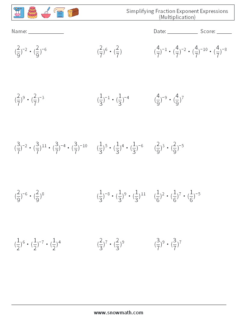 Simplifying Fraction Exponent Expressions (Multiplication) Maths Worksheets 5