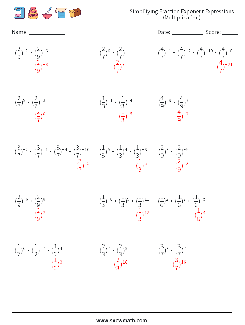 Simplifying Fraction Exponent Expressions (Multiplication) Math Worksheets 5 Question, Answer