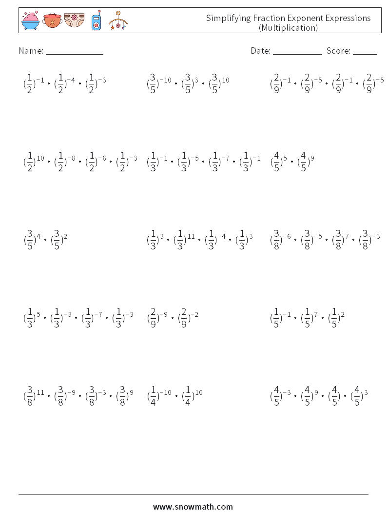 Simplifying Fraction Exponent Expressions (Multiplication) Math Worksheets 6