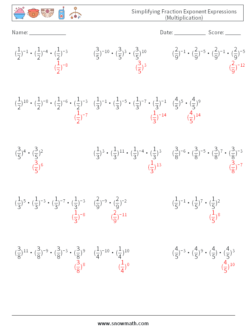Simplifying Fraction Exponent Expressions (Multiplication) Math Worksheets 6 Question, Answer