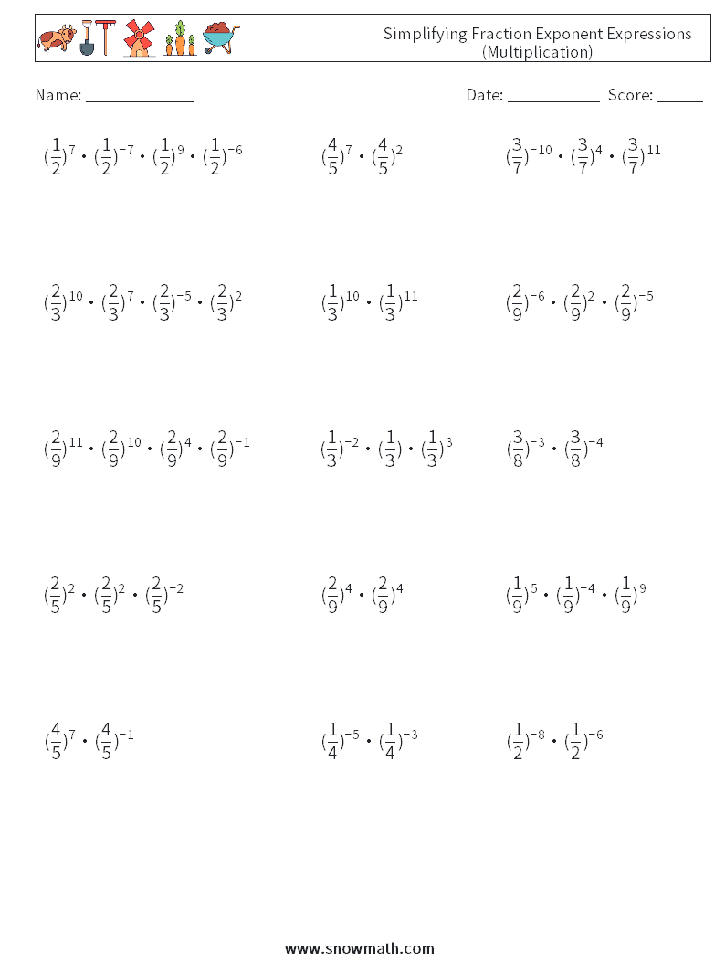 Simplifying Fraction Exponent Expressions (Multiplication) Math Worksheets 7