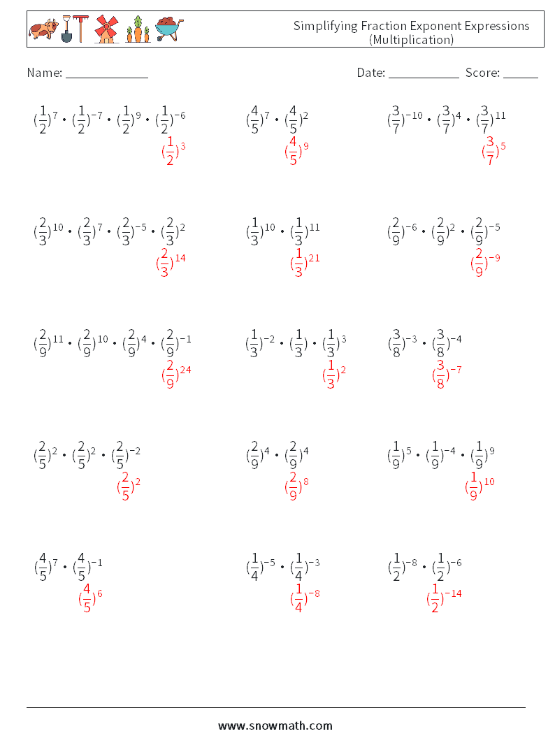 Simplifying Fraction Exponent Expressions (Multiplication) Math Worksheets 7 Question, Answer