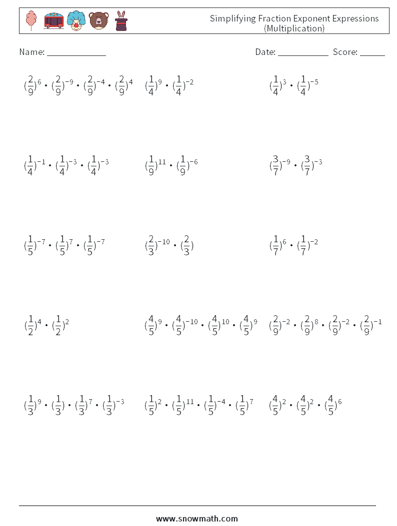 Simplifying Fraction Exponent Expressions (Multiplication) Math Worksheets 8