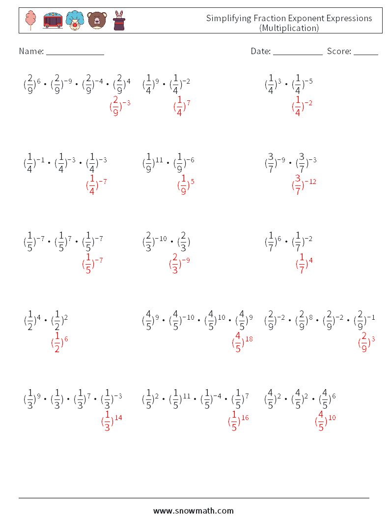 Simplifying Fraction Exponent Expressions (Multiplication) Math Worksheets 8 Question, Answer