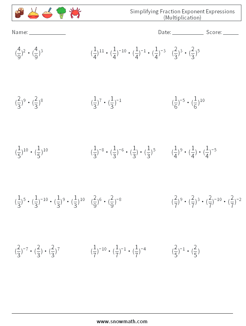 Simplifying Fraction Exponent Expressions (Multiplication) Maths Worksheets 9