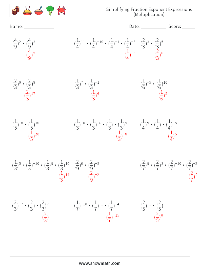 Simplifying Fraction Exponent Expressions (Multiplication) Math Worksheets 9 Question, Answer