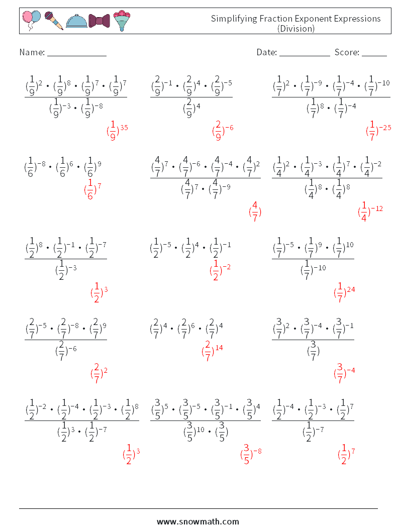 Simplifying Fraction Exponent Expressions (Division) Math Worksheets 1 Question, Answer