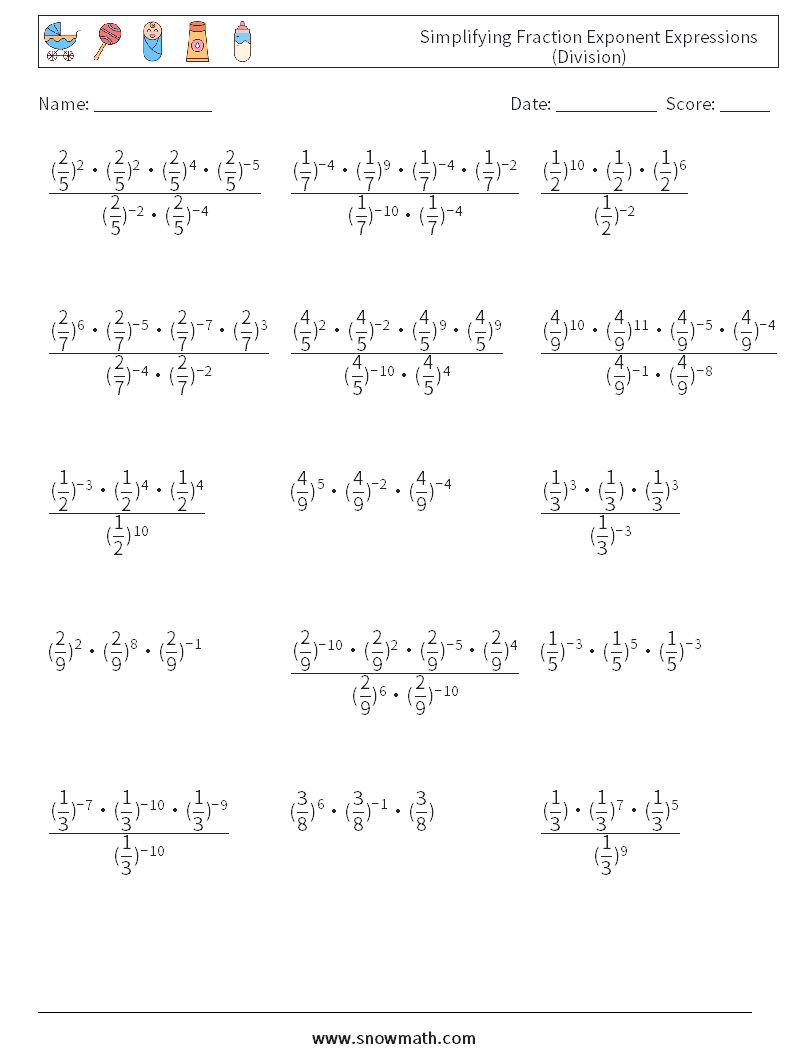 Simplifying Fraction Exponent Expressions (Division) Maths Worksheets 2