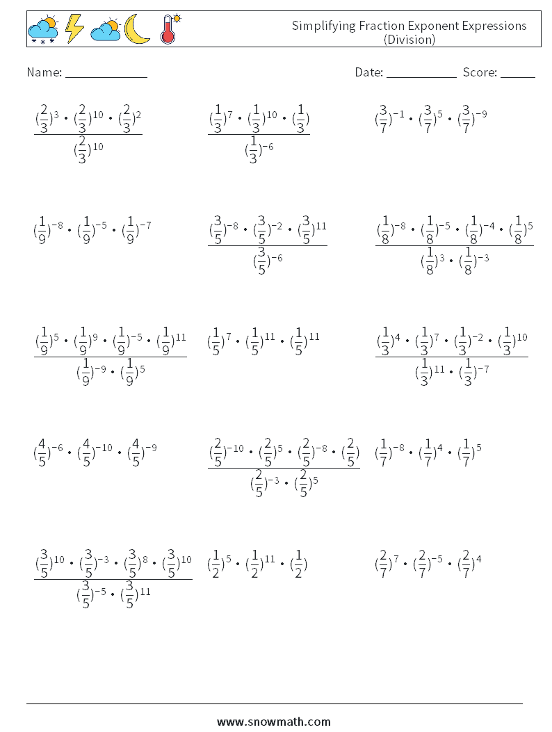 Simplifying Fraction Exponent Expressions (Division) Math Worksheets 3