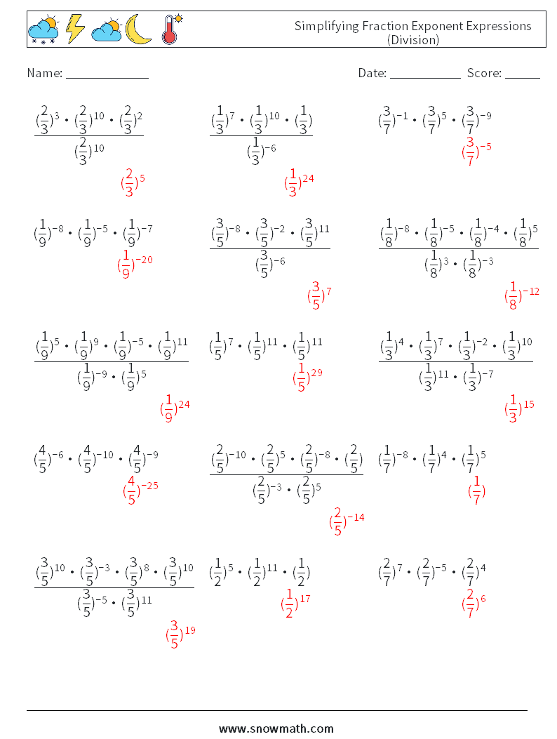 Simplifying Fraction Exponent Expressions (Division) Math Worksheets 3 Question, Answer