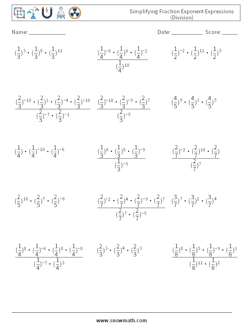 Simplifying Fraction Exponent Expressions (Division) Math Worksheets 4