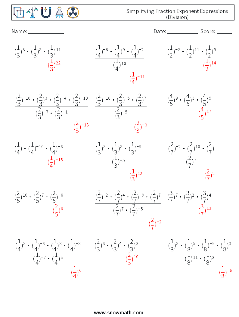 Simplifying Fraction Exponent Expressions (Division) Math Worksheets 4 Question, Answer