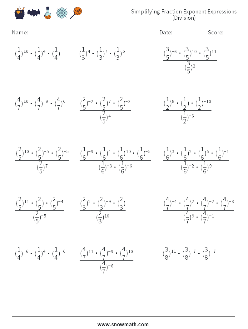 Simplifying Fraction Exponent Expressions (Division) Maths Worksheets 5