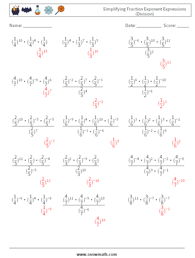 Simplifying Fraction Exponent Expressions (Division) Math Worksheets 5 Question, Answer