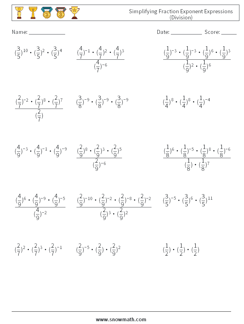 Simplifying Fraction Exponent Expressions (Division) Maths Worksheets 6