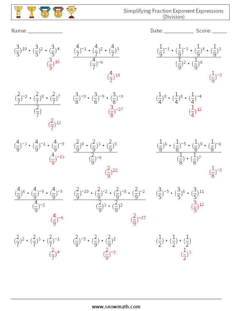 Simplifying Fraction Exponent Expressions (Division) Math Worksheets 6 Question, Answer