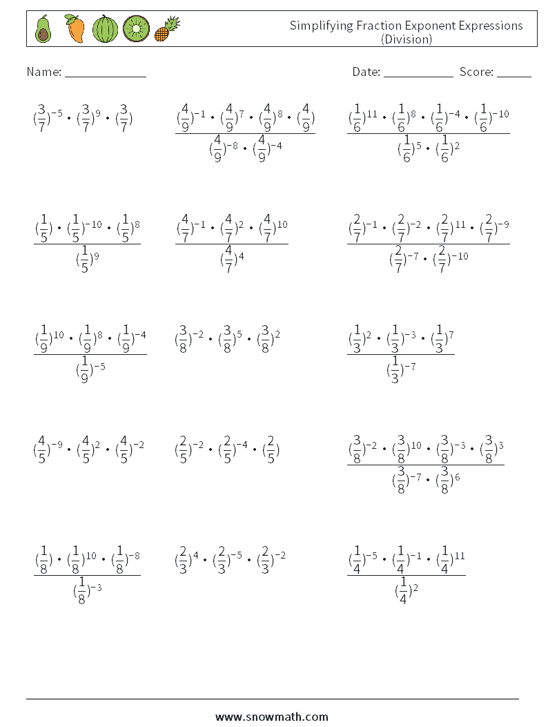 Simplifying Fraction Exponent Expressions (Division) Maths Worksheets 7