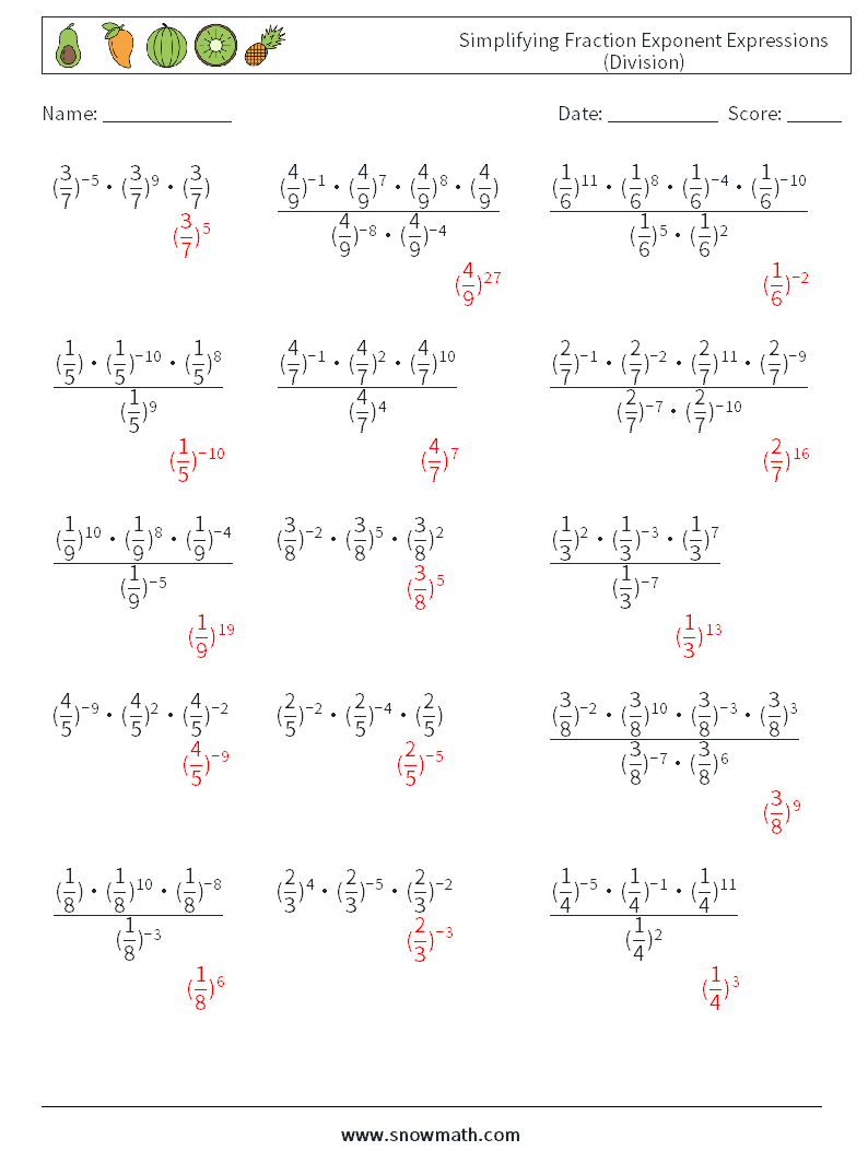 Simplifying Fraction Exponent Expressions (Division) Math Worksheets 7 Question, Answer