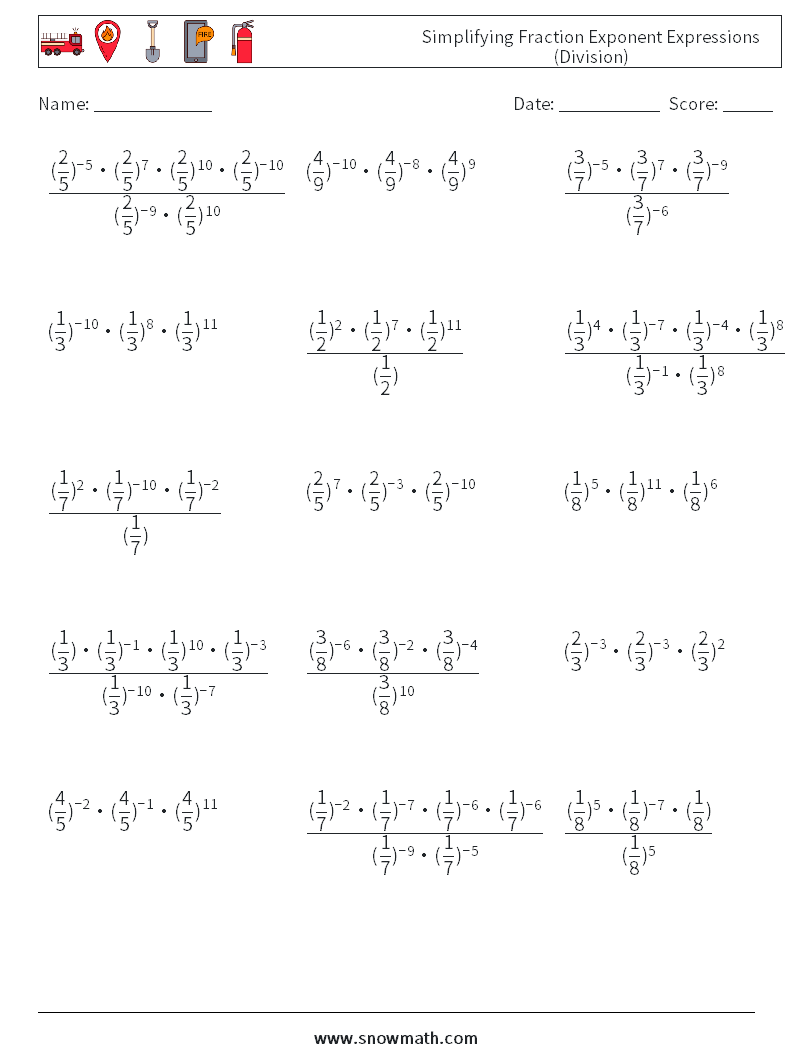 Simplifying Fraction Exponent Expressions (Division) Math Worksheets 8