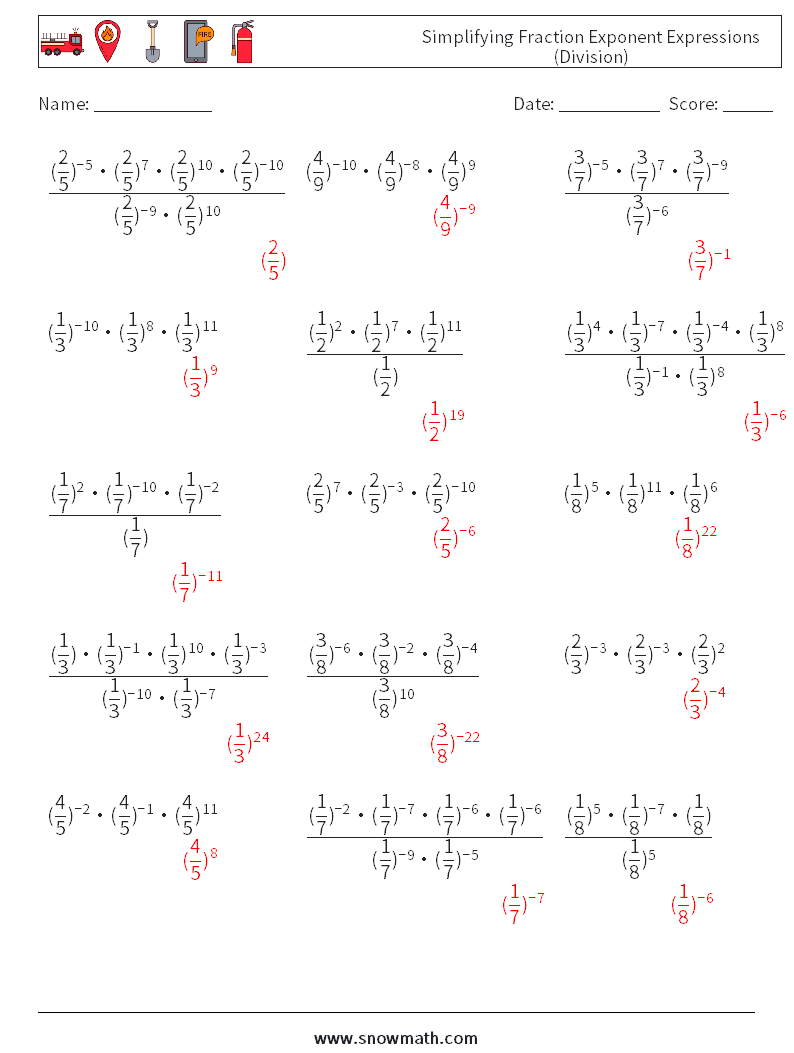 Simplifying Fraction Exponent Expressions (Division) Math Worksheets 8 Question, Answer