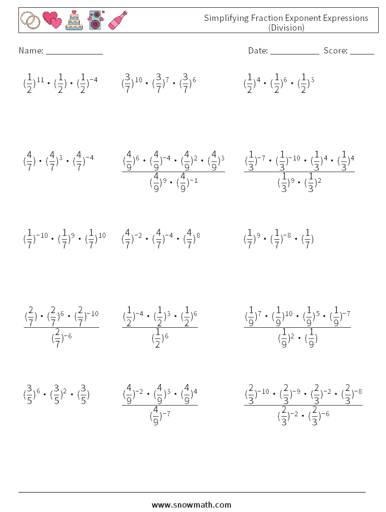 Simplifying Fraction Exponent Expressions (Division) Math Worksheets 9