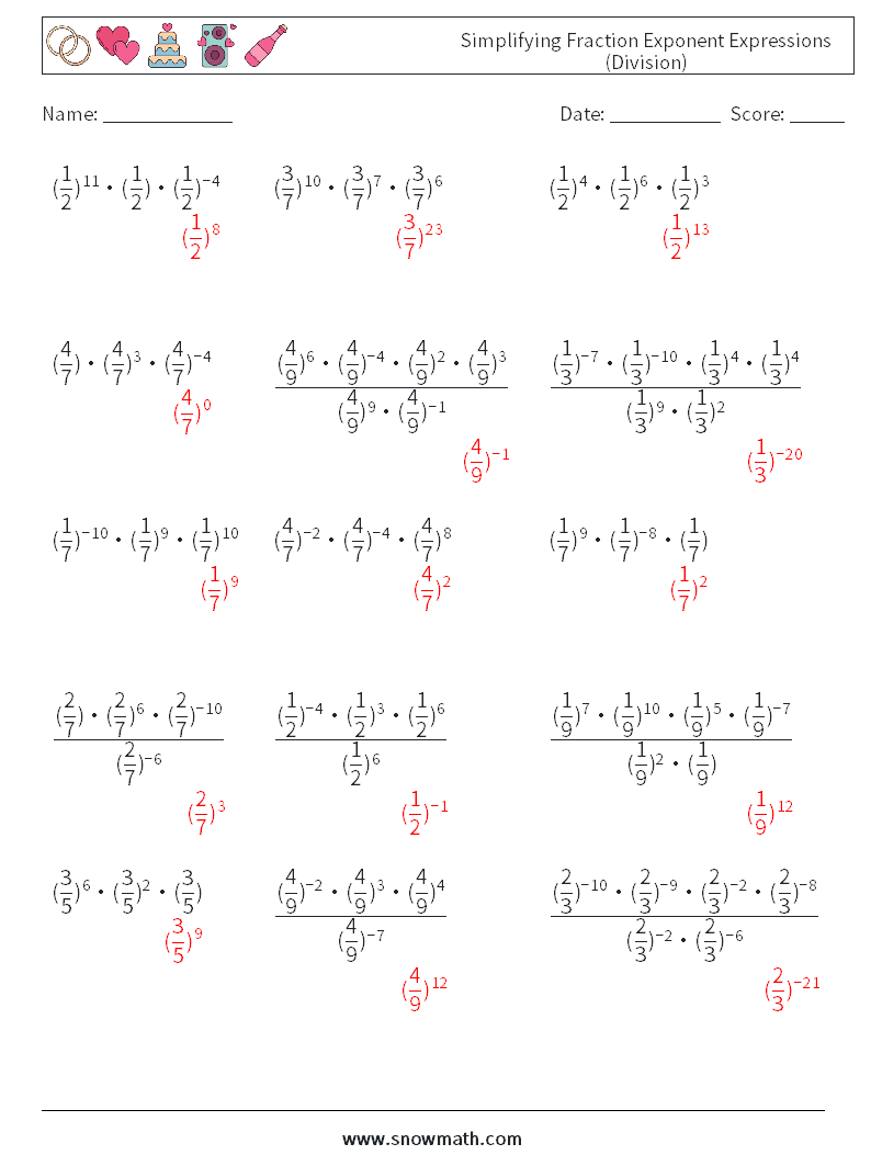 Simplifying Fraction Exponent Expressions (Division) Math Worksheets 9 Question, Answer