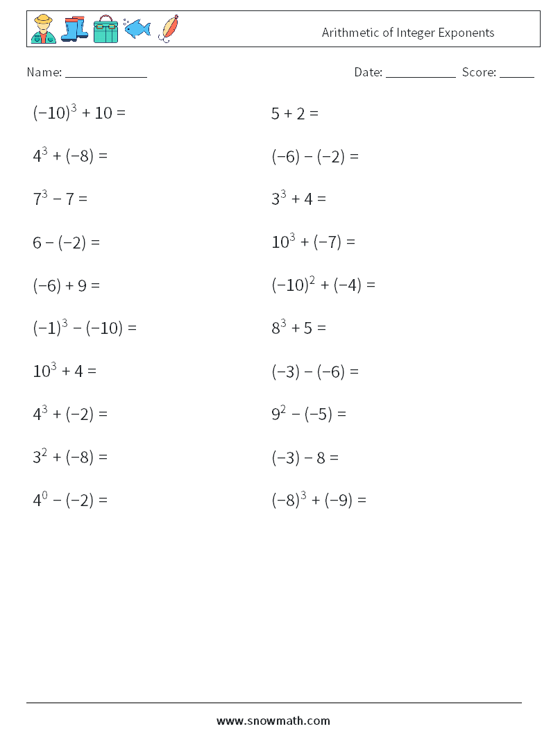 Arithmetic of Integer Exponents Math Worksheets 1